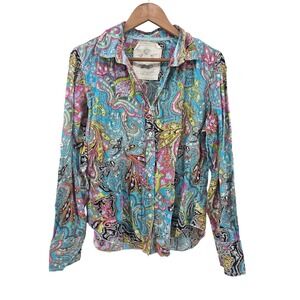 Cino Womens Paisley‎ Print Long Sleeve Button Up Shirt Top Turquoise Pink XL